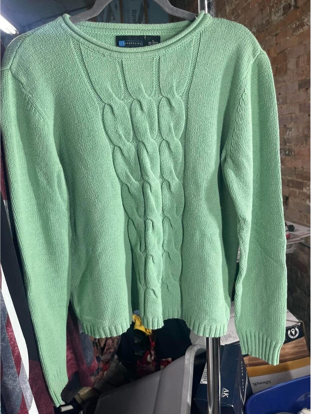 Relativity Light Green Cotton Blend Cable Knit Sweater Large